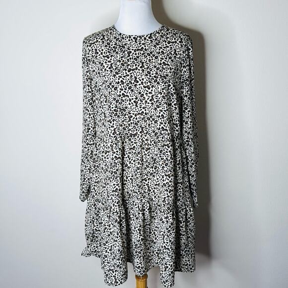 ASOS Leopard Long Sleeve Tiered Smock Mini Dress - Picture 2 of 7